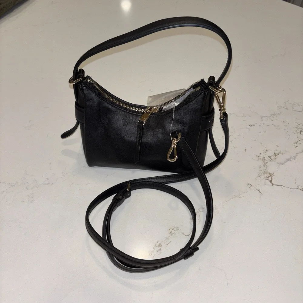 NWT TUMI Voyageur Evora Mini Hobo Black Leather Crossbody Bag Gold Hardware
